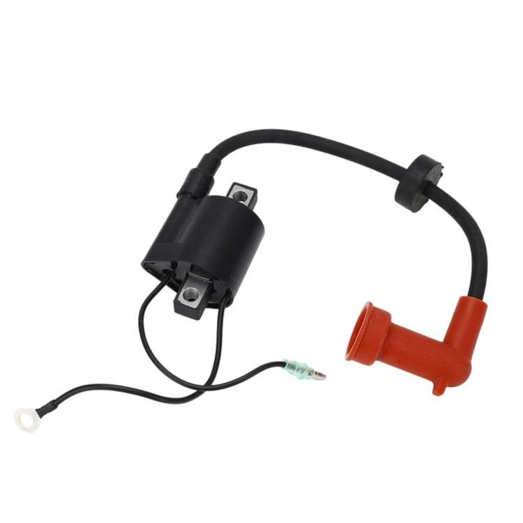 Ignition coil and red insulator connector with black cable leads and mounting bracket