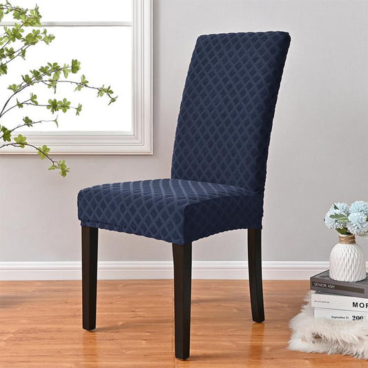 High-back dining chair slipcover with rhombus pattern, navy blue