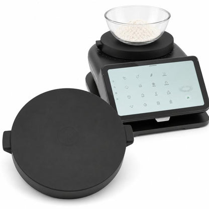 Round black silicone weighing plate cover for Thermomix scale base, with molded tabs