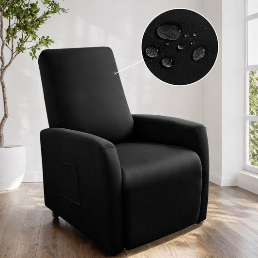 Water-resistant recliner chair cover, black fabric with stitched pocket on arm