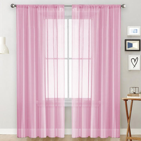 Light-filtering sheer voile curtain with rod pocket, pink grid panel