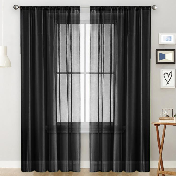 Black sheer voile curtain panel with rod pocket, light-filtering window-grid pattern