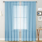 Light blue sheer voile curtain panel with rod pocket, light-filtering window-grid pattern