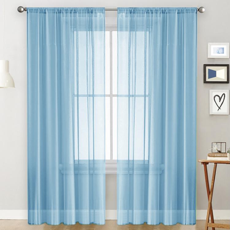 Light blue sheer voile curtain panel with rod pocket, light-filtering window-grid pattern