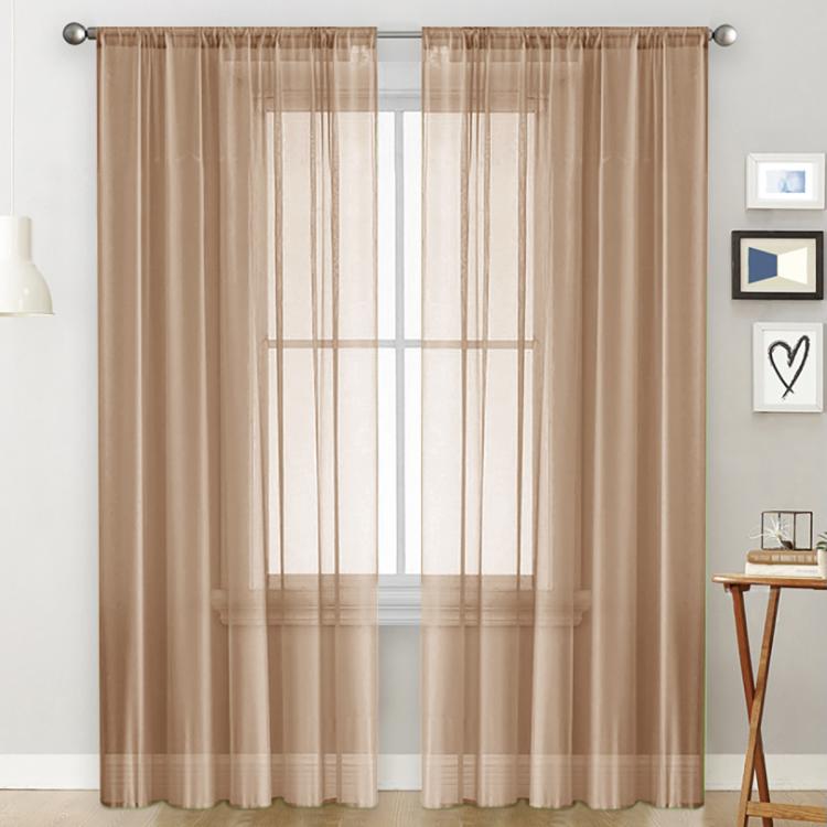 Single sheer light-filtering rod pocket curtain, warm tan with vertical grid weave