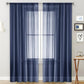 Single sheer light-filtering rod pocket curtain, navy blue with vertical grid weave