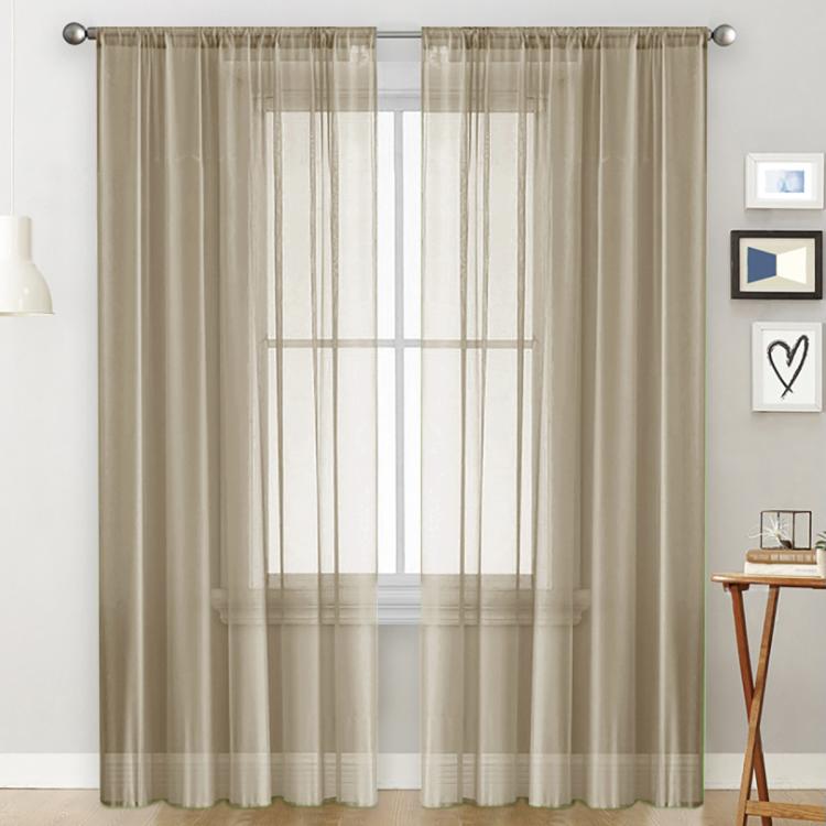 Single sheer rod-pocket voile window curtain, beige, with lightly striped panel look.