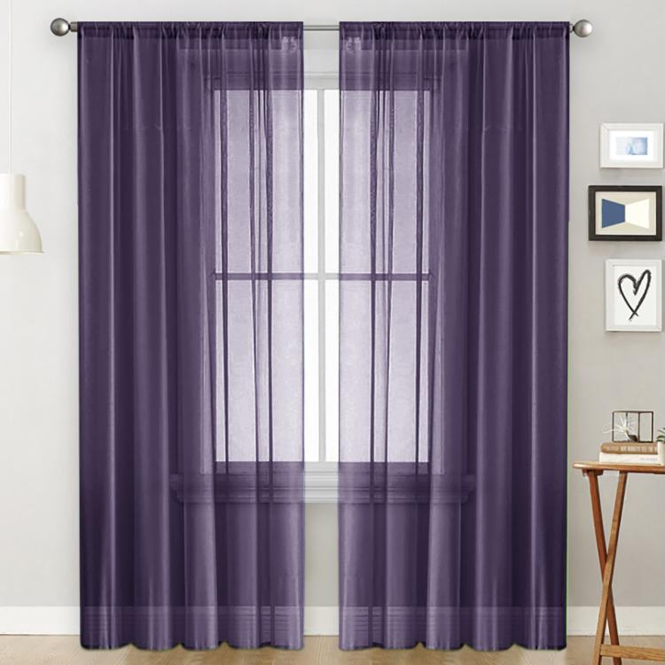 Single sheer rod-pocket voile window curtain, dark purple, with lightly striped panel look.