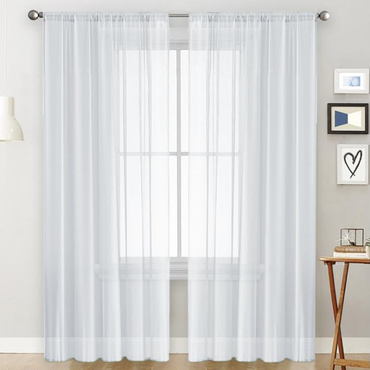 Single sheer rod-pocket voile window curtain, white, with lightly striped panel look.