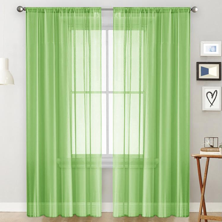 Single sheer light-filtering window curtain in bright green with rod pocket header and grid panels