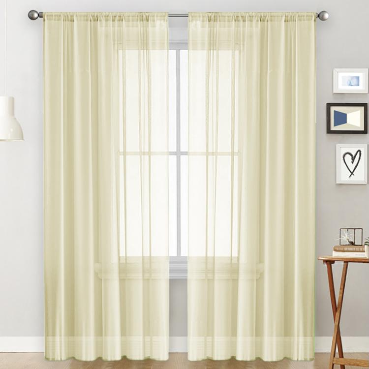 Light filtering sheer rod pocket curtain panel, pale yellow with vertical window grid