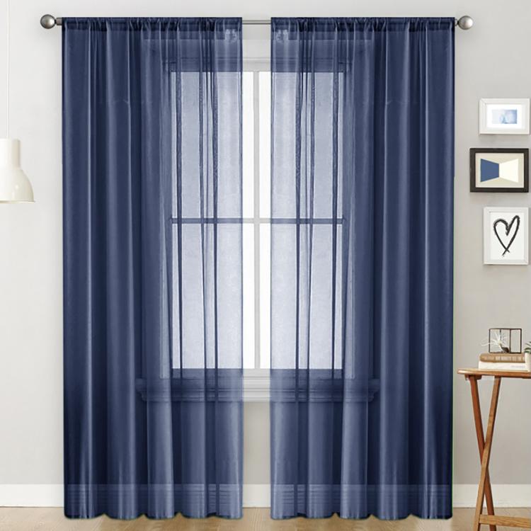 Light filtering sheer rod pocket curtain panel, dark navy blue with soft vertical pleats