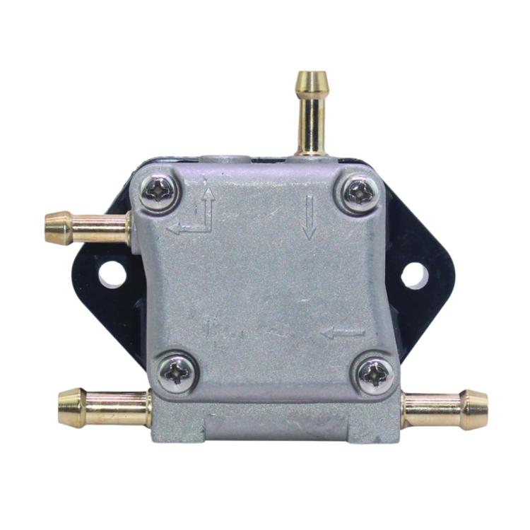 Outboard fuel pump with silver metal housing and brass inlet/outlet fittings