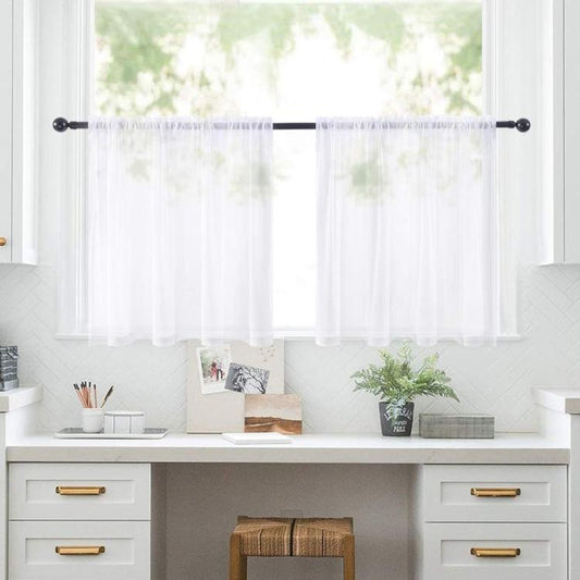 Sheer white cafe tier curtains set with rod pocket, two panels on a rod