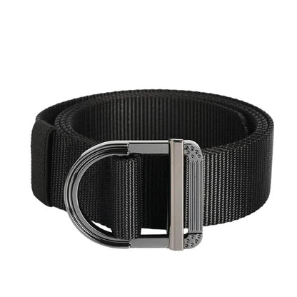 Men's nylon web belt with zinc alloy D-ring buckle, black strap and square tab