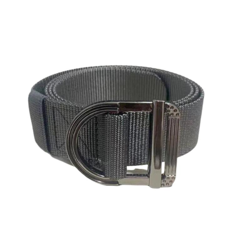 Men's nylon web belt with zinc alloy D-ring buckle, dark gray strap, angled view