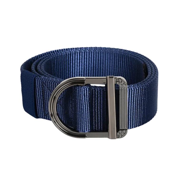 Men's nylon web belt with zinc alloy D-ring buckle, navy woven strap