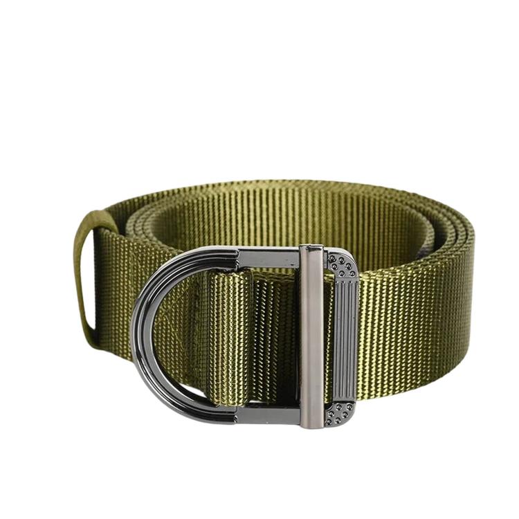 Nylon work belt with zinc alloy D-ring buckle, khaki green woven webbing.