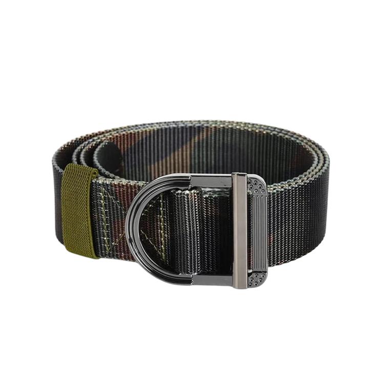 Camouflage nylon belt with silver-tone D-ring buckle, dark green/black patterned webbing.