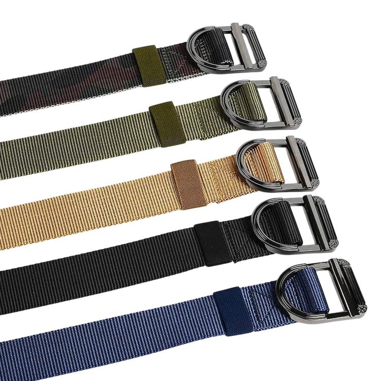 Assorted nylon web belts with D-ring buckles, black, blue, tan, and camo strap colors.