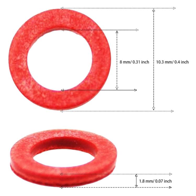 Red drain screw gasket with center hole, size 8 mm and 1.8 mm shown