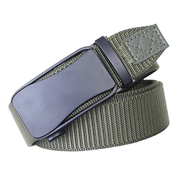 Elastic nylon work belt with automatic alloy buckle, dark green strap with stitched keeper tab