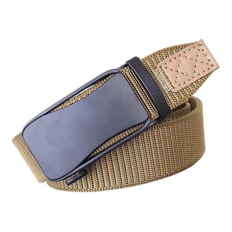 Elastic nylon work belt with automatic alloy buckle, beige khaki strap and stitched keeper patch