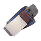Nylon belt with blue-striped woven strap, silver buckle plate with two holes