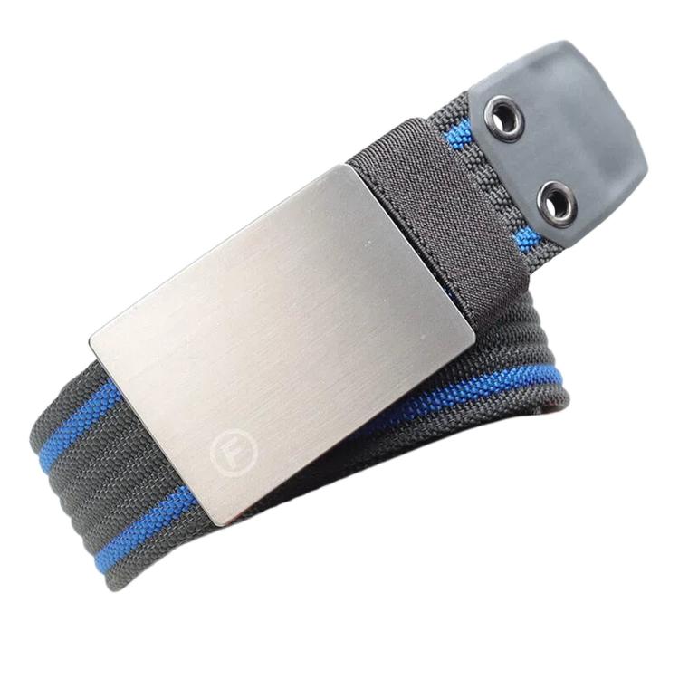 Nylon belt with dark gray woven strap, blue stripe, silver buckle with two holes