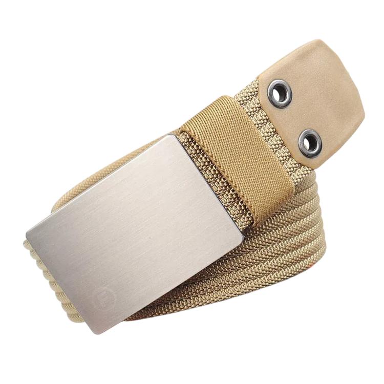 Nylon belt with beige woven strap and gold stripe, silver buckle with two holes
