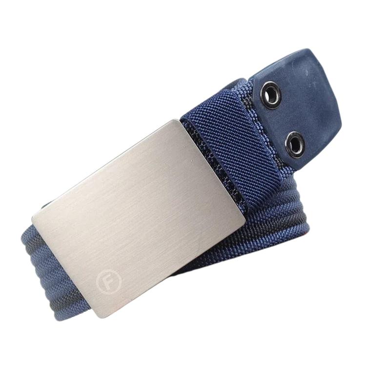 Nylon belt with dark blue woven strap and blue stripe, silver buckle plate with two holes