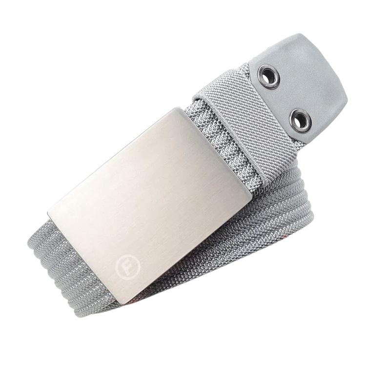 Men's nylon belt with smooth zinc buckle, light gray webbing with silver buckle plate.