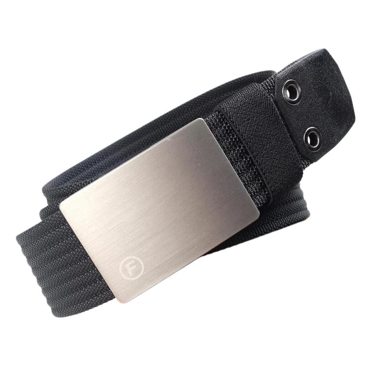 Men's nylon belt with smooth zinc buckle, black fabric strap and silver buckle plate.