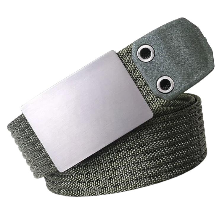 Men's nylon belt with smooth zinc buckle, olive green strap with metal buckle plate.