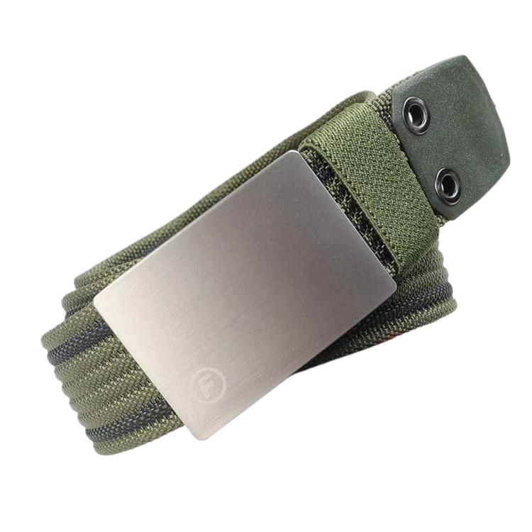Men's nylon belt with smooth zinc buckle, dark green strap with silver buckle plate.