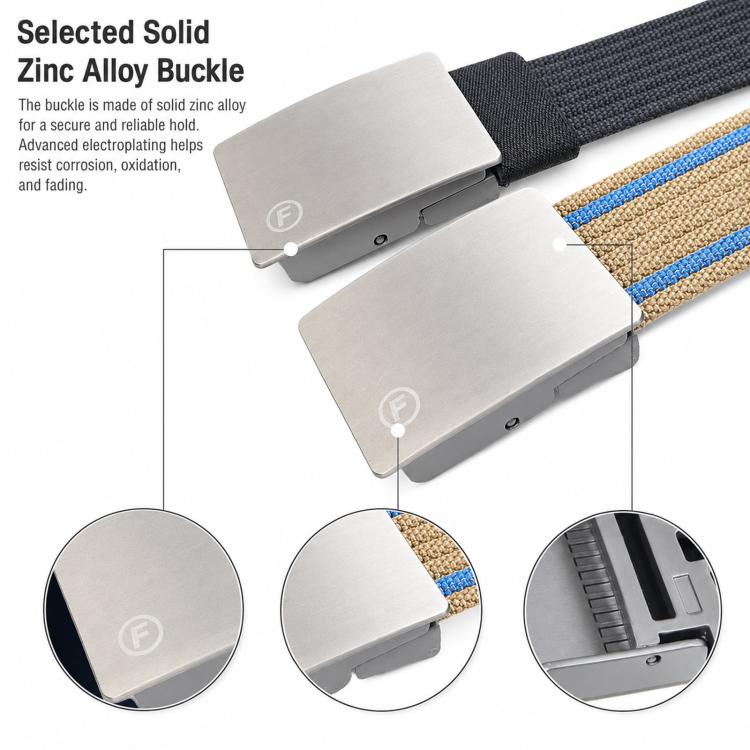 Men's nylon belt with zinc alloy buckle, dark webbing with khaki strap and blue stripe