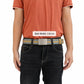 Men's nylon belt with smooth zinc buckle, worn over dark jeans with blue-striped strap