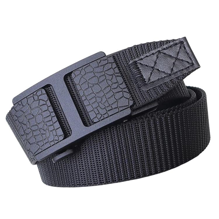 Men's nylon web belt with automatic buckle, black strap and croc-style buckle plates