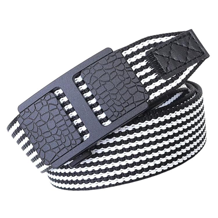 Men's nylon web belt with automatic buckle, black and white striped strap and croc-style plates