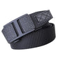 Men's black nylon web belt, automatic buckle detail with textured keeper and croc-style plates