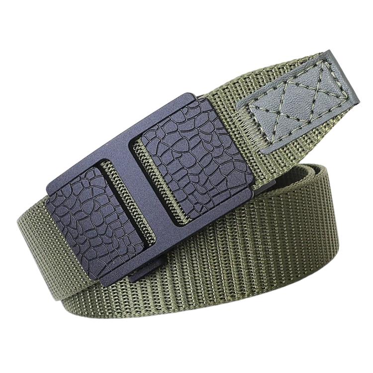 Men's army green nylon web belt, automatic buckle detail with textured keeper and croc-style plates