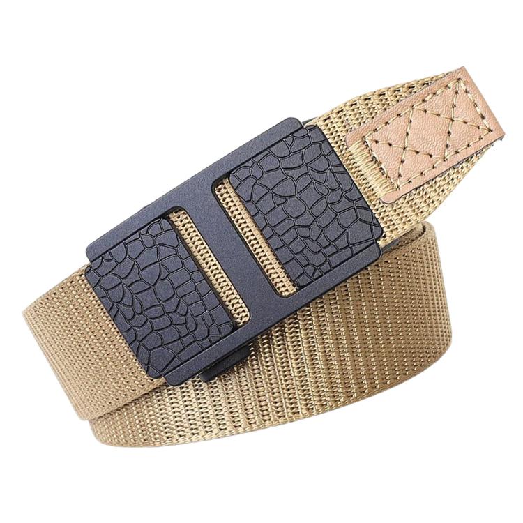 Men's nylon web belt with automatic buckle, khaki/beige strap with stitched keeper tab