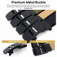 Matte black automatic belt buckle with textured finish on woven web belt