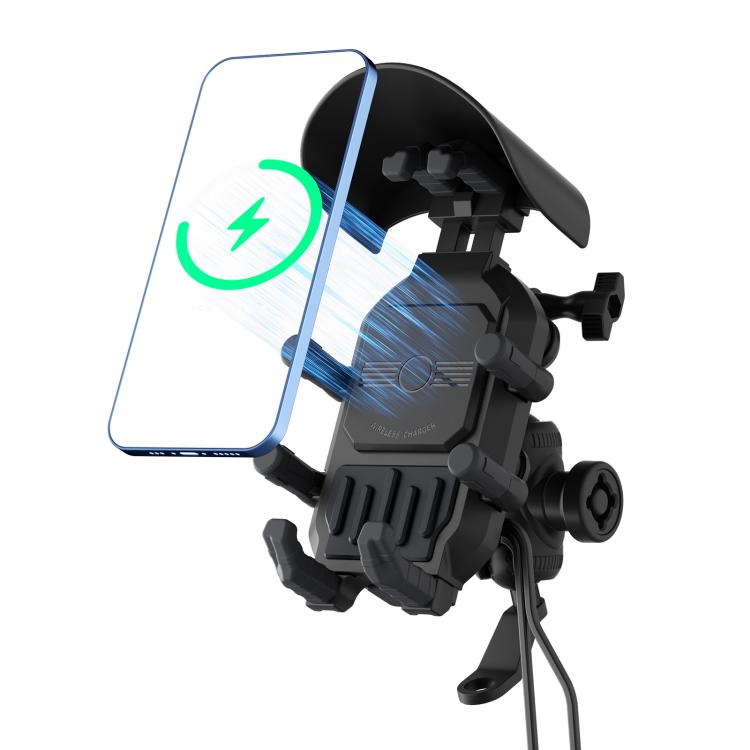 Motorcycle wireless charging phone holder with mirror-mount base, black clamp arms