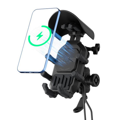 Motorcycle wireless charging phone holder with mirror-mount base, black clamp arms