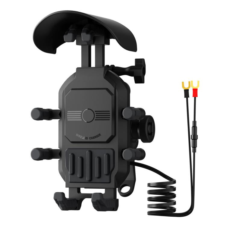 Motorcycle wireless charging phone holder, black mirror base with adjustable clamp