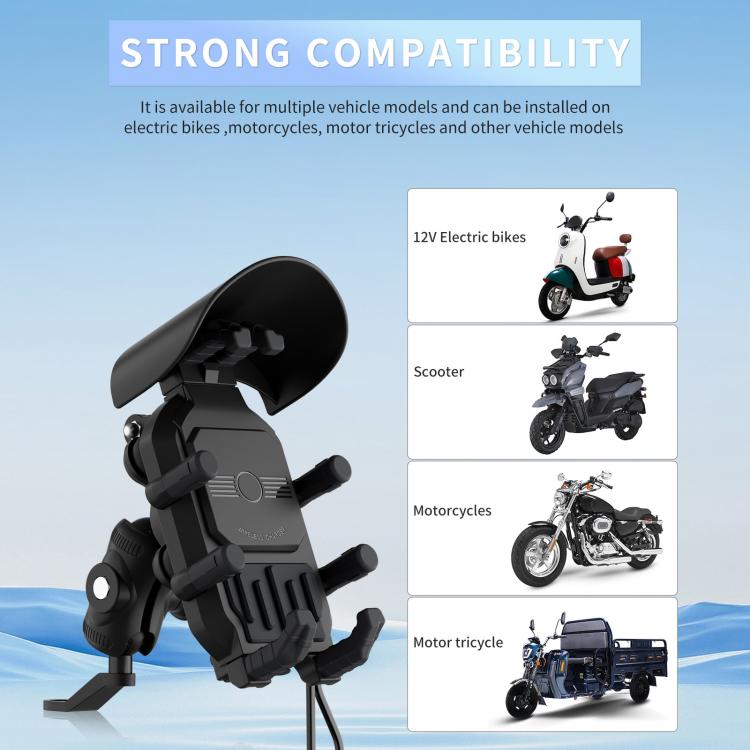 Black motorcycle wireless charging phone holder, mirror base mount with cradle