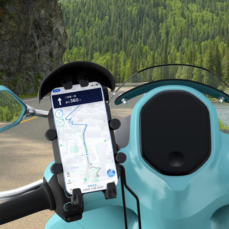 Motorcycle phone holder with wireless charging pad, holds a phone on a clamp