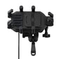 Motorcycle wireless charging phone holder, front view of black mounting cradle