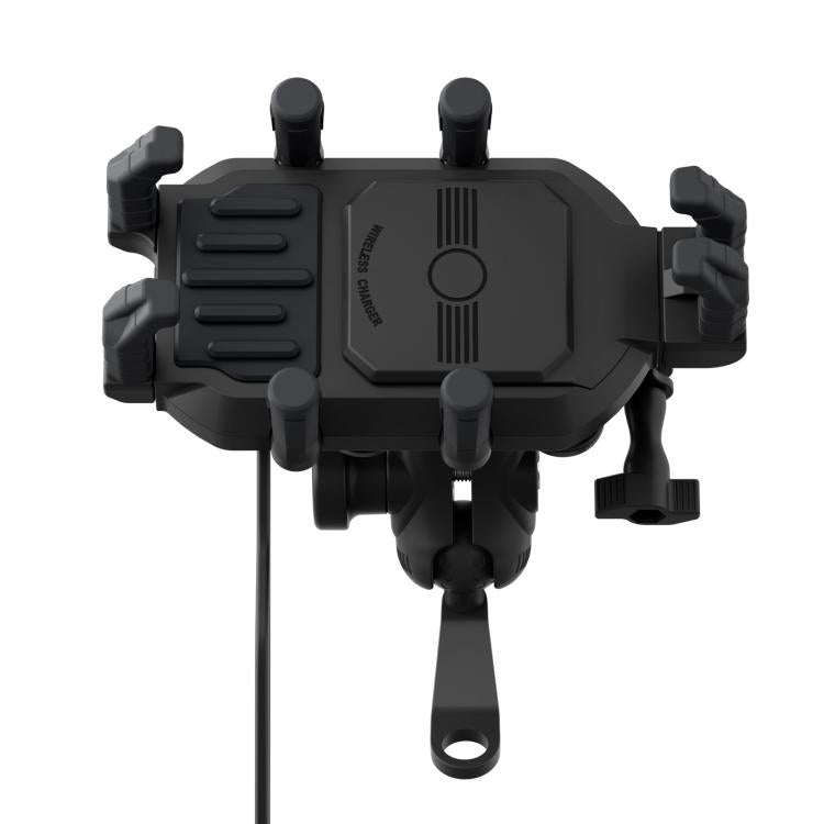 Motorcycle wireless charging phone holder, front view of black mounting cradle